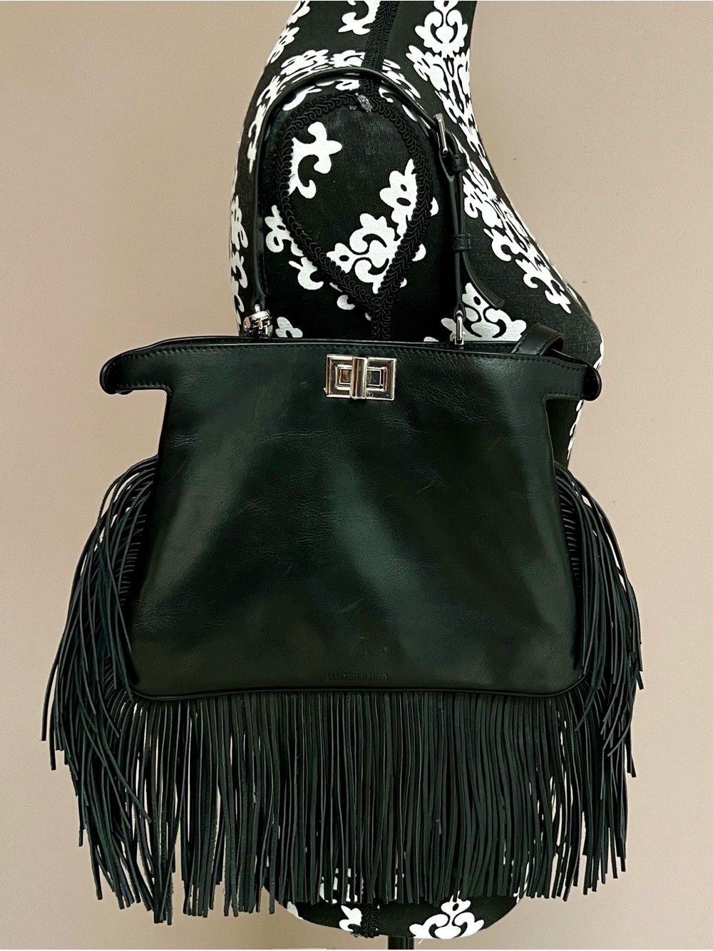 WALTER BAKER Bailey Black Smooth Leather Fringed Top Handle Turn-Lock “IT” Bag